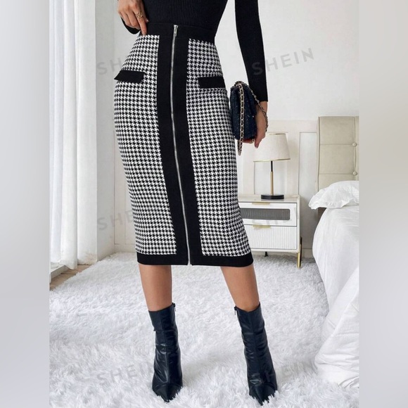 SHEIN- SZ M Black White Houndstooth Print Zip Up Pencil Skirt - Picture 2 of 4